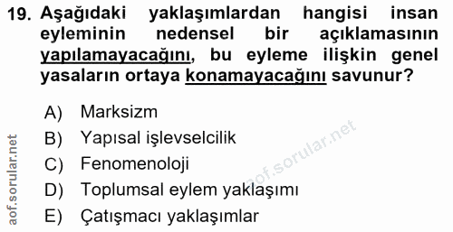19. soru: Aşağıdaki yaklaşımlardan hangisi insan eyleminin nedensel bir açıklamasının yapılamayacağını, bu eyleme ilişkin genel…