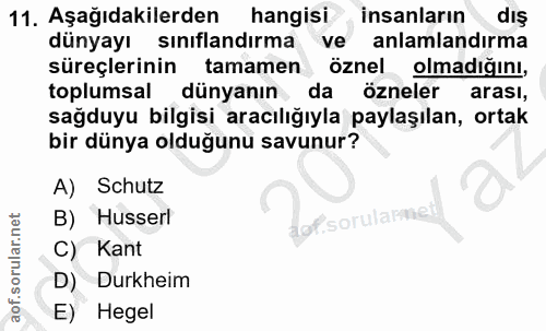 11. soru: Aşağıdakilerden hangisi insanların dıs dünyayı sınıflandırma ve anlamlandırma süreçlerinin tamamen öznel olmadığını,…