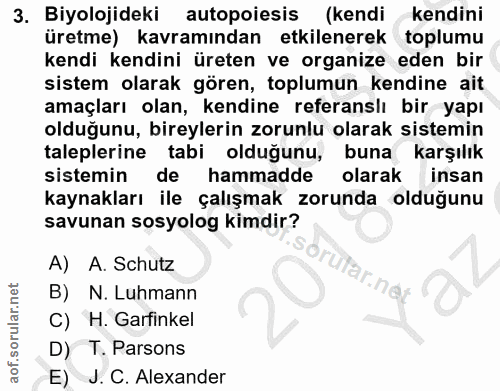 3. soru: Biyolojideki autopoiesis (kendi kendini üretme) kavramından etkilenerek toplumu kendi kendini üreten ve organize eden…