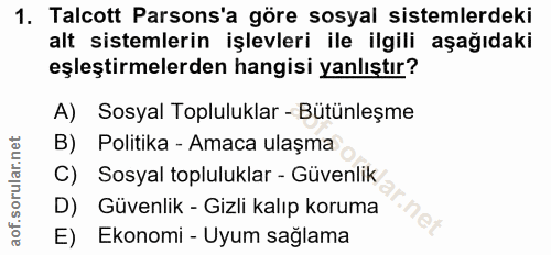1. soru: Talcott Parsons'a göre sosyal sistemlerdeki alt sistemlerin işlevleri ile ilgili aşağıdaki eşleştirmelerden hangisi y…