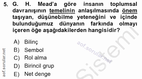 5. soru: G. H. Mead'a göre insanın toplumsal davranışının temelinin anlaşılmasında önem taşıyan, düşünebilme yeteneğini ve içi…