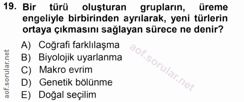 19. soru: Bir türü oluşturan grupların, üreme engeliyle birbirinden ayrılarak, yeni türlerin ortaya çıkmasını sağlayan sürece n…