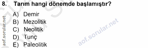8. soru: Tarım hangi dönemde başlamıştır? A) Demir B) Mezolitik C) Neolitik D) Tunç E) Paleolitik