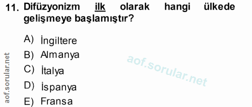 11. soru: Difüzyonizm ilk olarak hangi ülkede gelişmeye başlamıştır? A) Ingiltere B) Almanya C) İtalya D) İspanya E) Fransa