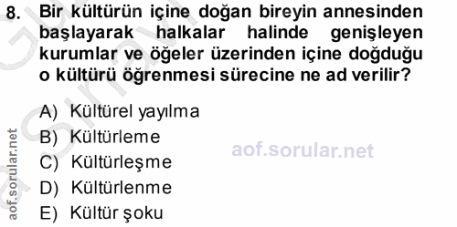 8. soru: Bir kültürün içine doğan bireyin annesinden başlayarak halkalar halinde genişleyen kurumlar ve öğeler üzerinden içine…