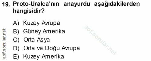 19. soru: Proto-Uralca'nın anayurdu aşağıdakilerden hangisidir? A) Kuzey Avrupa B) Güney Amerika C) Orta Asya D) Orta ve Doğu A…