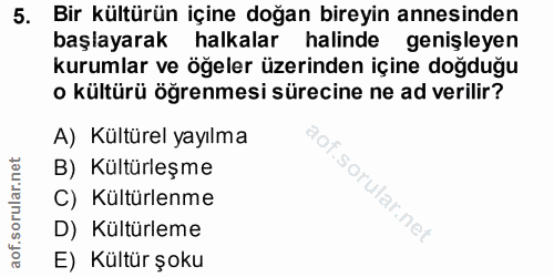 5. soru: Bir kültürün içine doğan bireyin annesinden başlayarak halkalar halinde genişleyen kurumlar ve öğeler üzerinden içine…
