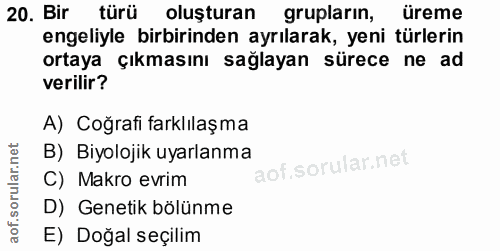 20. soru: Bir türü oluşturan grupların, üreme engeliyle birbirinden ayrılarak, yeni türlerin ortaya çıkmasını sağlayan sürece n…