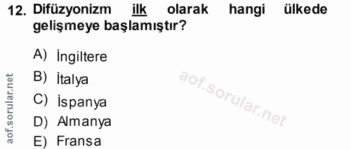 12. soru: Difüzyonizm ilk olarak hangi ülkede gelişmeye başlamıştır? A) Ingiltere B) İtalya aof. C) İspanya ular.net D) Almanya…