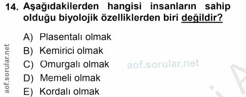 14. soru: Aşağıdakilerden hangisi insanların sahip olduğu biyolojik özelliklerden biri değildir? A) Plasentalı olmak B) Kemiric…