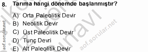 8. soru: Tarıma hangi dönemde başlanmıştır? A) Orta Paleolitik Devir B) Neolitik Devir C) Üst Paleolitik Devir D) Tunç Devri E…