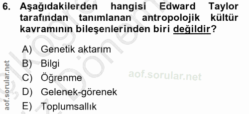6. soru: Aşağıdakilerden hangisi Edward Taylor tarafından tanımlanan antropolojik kültür kavramının bileşenlerinden biri değil…