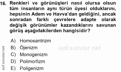 16. soru: Renkleri ve görünüşleri nasıl olursa olsun tüm insanların aynı türün üyesi olduklarını, hepsinin Adem ve Havva'dan ge…