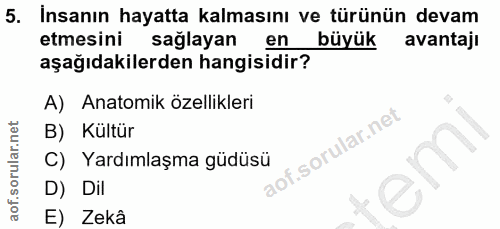 5. soru: Insanın hayatta kalmasını ve türünün devam etmesini saglayan en büyük avantajl aşağıdakilerden hangisidir? A) Anatomi…