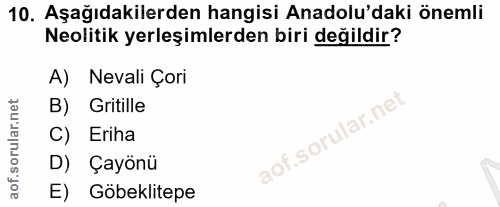 10. soru: Aşağıdakilerden hangisi Anadolu'daki önemli Neolitik yerleşimlerden biri değildir? A) Nevali Çori B) Gritille C) Erih…