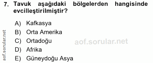 7. soru: Tavuk aşağıdaki bölgelerden hangisinde evcilleştirilmiştir? A) Kafkasya B) Orta Amerika orular.n C) Ortadoğu D) Afrik…