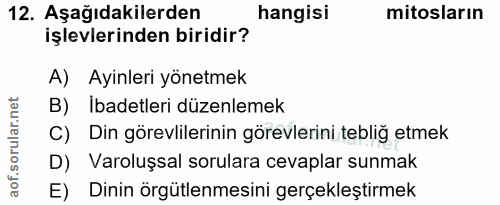12. soru: Aşağıdakilerden hangisi mitosların işlevlerinden biridir? A) Ayinleri yönetmek B) İbadetleri düzenlemek C) Din görevl…