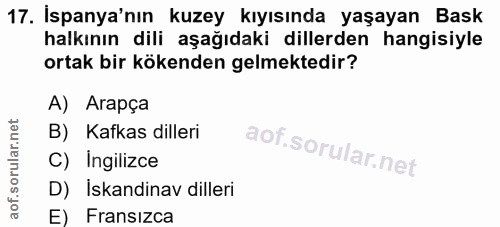 17. soru: İspanya'nın kuzey kıyısında yaşayan Bask halkının dili aşağıdaki dillerden hangisiyle ortak bir kökenden gelmektedir?…