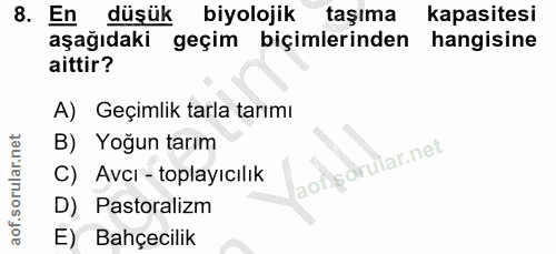 8. soru: En düşük biyolojik taşıma kapasitesi aşağıdaki geçim biçimlerinden hangisine aittir? A) Geçimlik tarla tarımı B) Yoğu…