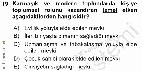 19. soru: Karmaşık ve modern toplumlarda kişiye toplumsal rolünü kazandıran temel etken aşağıdakilerden hangisidir? A) Evlilik…