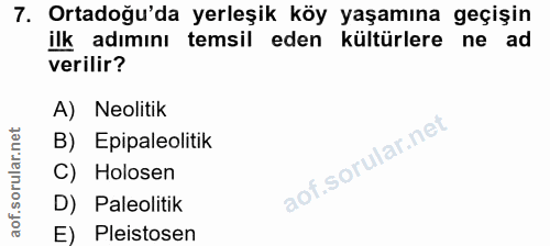 7. soru: Ortadoğu'da yerleşik köy yaşamına geçişin ilk adımını temsil eden kültürlere ne ad verilir? A) Neolitik B) Epipaleoli…