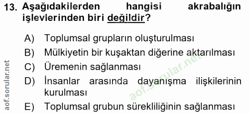 13. soru: Aşağıdakilerden hangisi akrabalığın işlevlerinden biri değildir? A) Toplumsal grupların oluşturulması B) Mülkiyetin b…