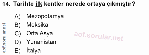 14. soru: Tarihte ilk kentler nerede ortaya çıkmıştır? A) Mezopotamya B) Meksika C) Orta Asya D) Yunanistan E) İtalya