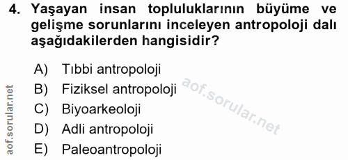 4. soru: Yaşayan insan topluluklarının büyüme ve gelişme sorunlarını inceleyen antropoloji dalı aşağıdakilerden hangisidir? A)…