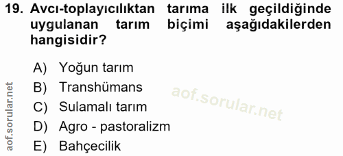 19. soru: Avcı-toplayıcılıktan tarıma ilk geçildiğinde uygulanan tarım biçimi aşağıdakilerden hangisidir? A) Yoğun tarım B) Tra…