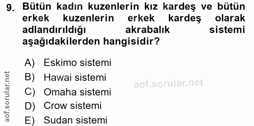 9. soru: Bütün kadın kuzenlerin kız kardeş ve bütün erkek kuzenlerin erkek kardeş olarak adlandırıldığı akrabalık sistemi aşağ…