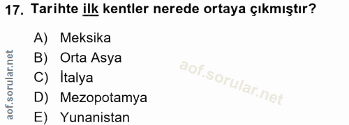 17. soru: Tarihte ilk kentler nerede ortaya çıkmıştır? A) Meksika B) Orta Asya C) Italya D) Mezopotamya E) Yunanistan