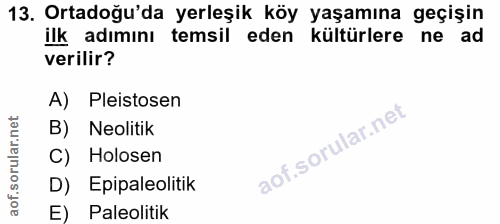 13. soru: Ortadoğu'da yerleşik köy yaşamına geçişin ilk adımını temsil eden kültürlere ne ad verilir? A) Pleistosen B) Neolitik…