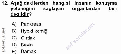 12. soru: Aşağıdakilerden hangisi insanın konuşma yeteneğini sağlayan organlardan biri değildir? A) Pankreas B) Hyoid kemiği C)…