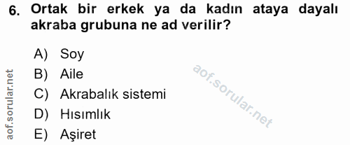 6. soru: Ortak bir erkek ya da kadın ataya dayalı akraba grubuna ne ad verilir? A) Soy B) Aile C) Akrabalık sistemi D) Hısımlı…
