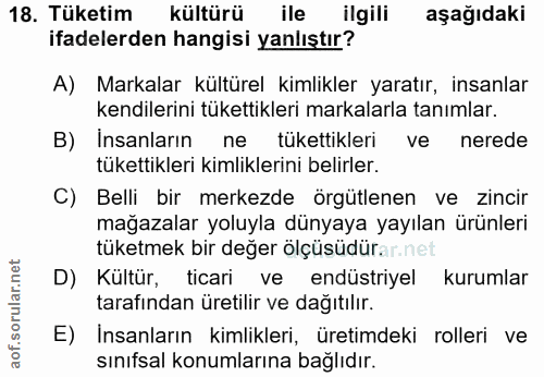 18. soru: Tüketim kültürü ile ilgili aşağıdaki ifadelerden hangisi yanlıştır? A) Markalar kültürel kimlikler yaratır, insanlar…