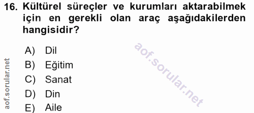 16. soru: Kültürel süreçler ve kurumları aktarabilmek için en gerekli olan araç aşağıdakilerden hangisidir? A) Dil B) Eğitim C)…