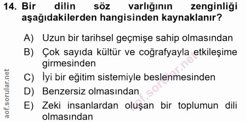 14. soru: Bir dilin söz varlığının zenginliği aşağıdakilerden hangisinden kaynaklanır? A) Uzun bir tarihsel geçmişe sahip olmas…
