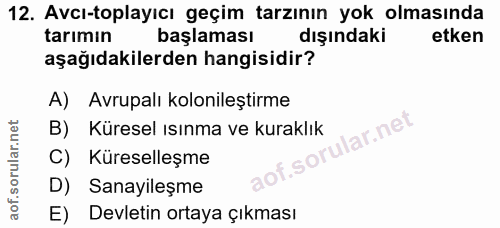 12. soru: Avcı-toplayıcı geçim tarzının yok olmasında tarımın başlaması dışındakı etken aşağıdakilerden hangisidir? A) Avrupalı…