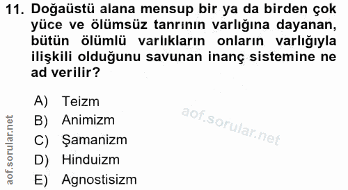 11. soru: Doğaüstü alana mensup bir ya da birden çok yüce ve ölümsüz tanrının varlığına dayanan, bütün ölümlü varlıkların onlar…