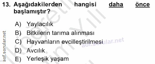 13. soru: Aşağıdakilerden hangisi daha önce başlamıştır? A) Yaylacılık B) Bitkilerin tarıma alınması C) Hayvanların evcilleştir…