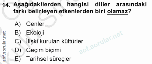 14. soru: Aşağıdakilerden hangisi diller arasındaki farkı belirleyen etkenlerden biri olamaz? A) Genler B) Ekoloji C) ilişki ku…