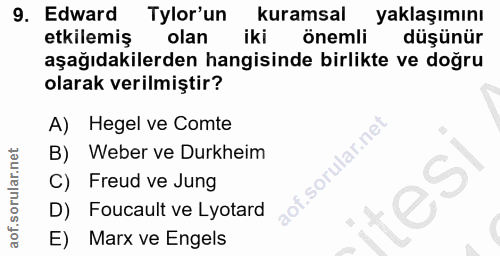 9. soru: Edward Tylor'un kuramsal yaklaşımını etkilemiş olan iki önemli düşünür aşağıdakilerden hangisinde birlikte ve doğru o…