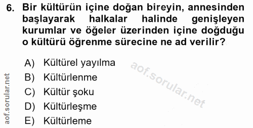 6. soru: Bir kültürün içine doğan bireyin, annesinden başlayarak halkalar halinde genişleyen kurumlar ve öğeler üzerinden için…