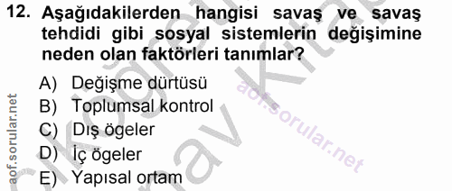 12. soru: Aşağıdakilerden hangisi savaş ve savaş tehdidi gibi sosyal sistemlerin değişimine neden olan faktörleri tanımlar? A)…