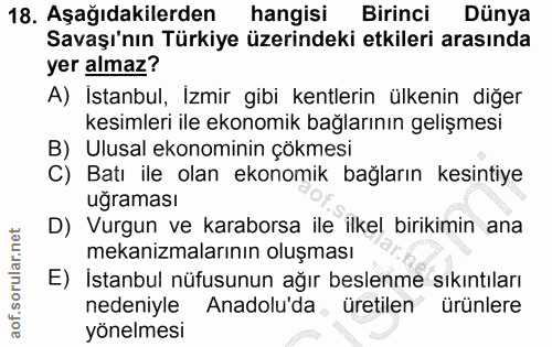 18. soru: Aşağıdakilerden hangisi Birinci Dünya Savaşı'nın Türkiye üzerindeki etkileri arasında yer almaz? A) İstanbul, Izmir g…