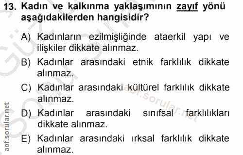 13. soru: Kadın ve kalkınma yaklaşımının zayıf yönü aşağıdakilerden hangisidir? A) Kadınların ezilmişliğinde ataerkil yapı ve i…