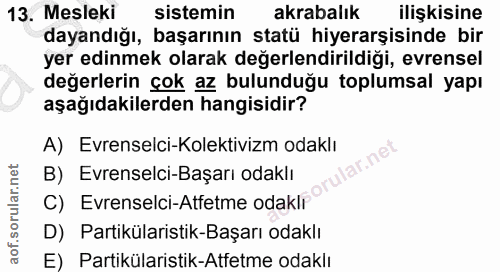 13. soru: Mesleki sistemin akrabalık ilişkisine dayandığı, başarının statü hiyerarşisinde bir yer edinmek olarak değerlendirild…