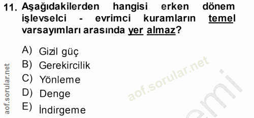 11. soru: Aşağıdakilerden hangisi erken dönem işlevselci -evrimci kuramların temel varsayımları arasında yer almaz? A) Gizil gü…