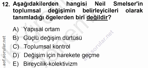 12. soru: Aşağıdakilerden hangisi Neil Selser'in toplumsal değişimin belirleyicileri olarak tanımladığı ögelerden biri değildir…