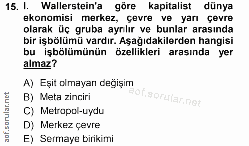 15. soru: I. Wallerstein'a göre kapitalist dünya ekonomisi merkez, çevre ve yarı çevre olarak üç gruba ayrılır ve bunlar arasın…